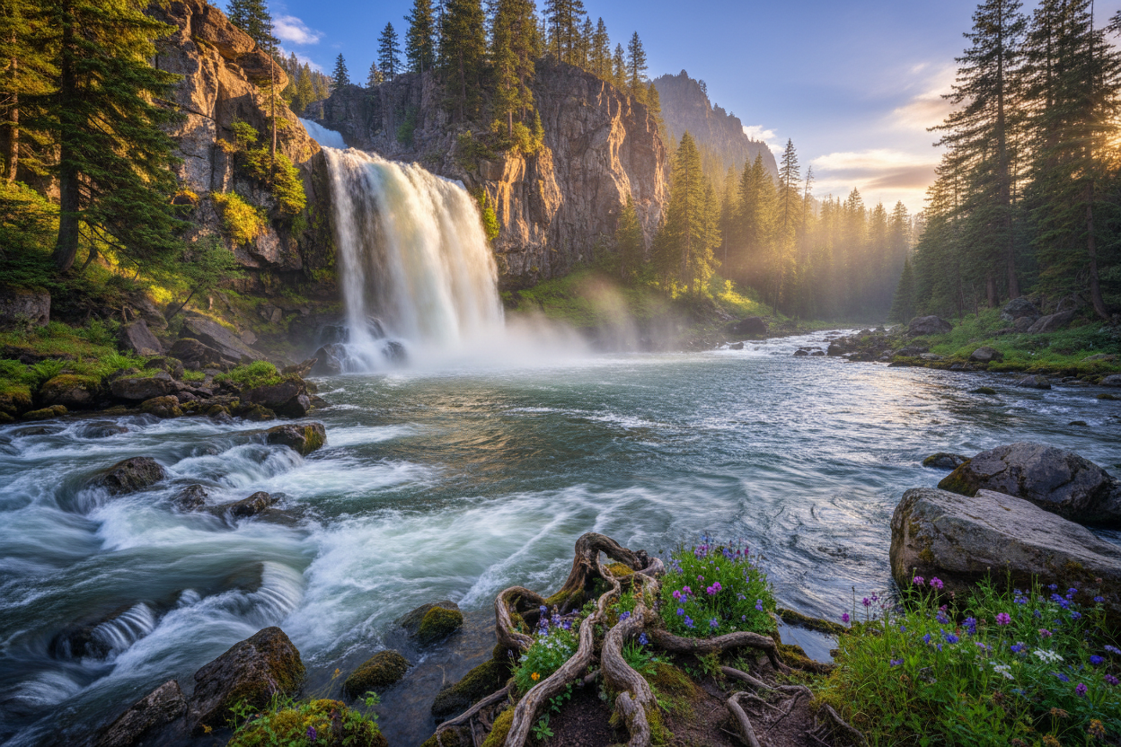 Mountain stream on the left going to high waterfall, bubbling and churning, then smoothflowing to the right side